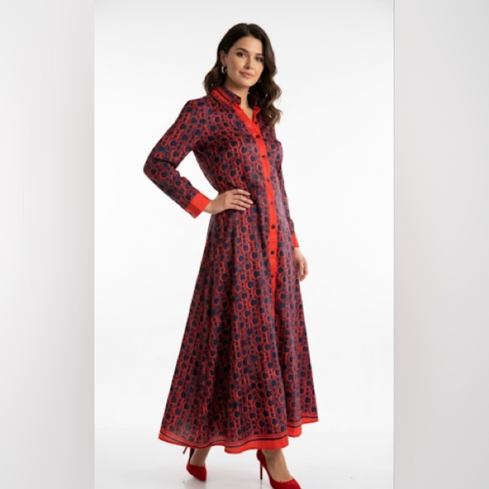 Red and Blue CH Button-Up Dress